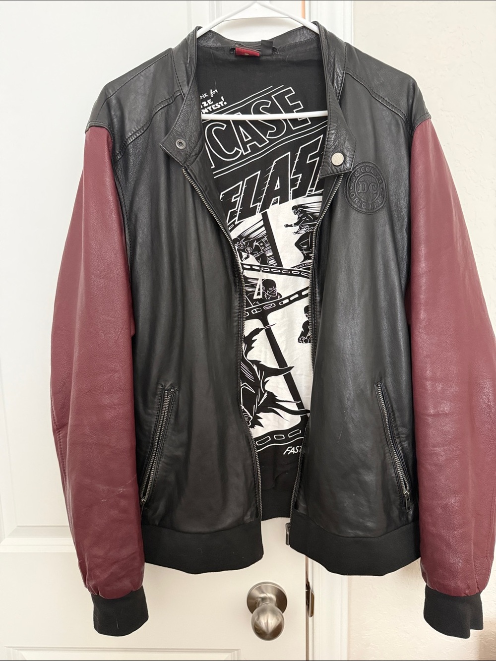 DC Comics, The Flash; Bomber leather jacket— Black Body with Burgundy Sleeves